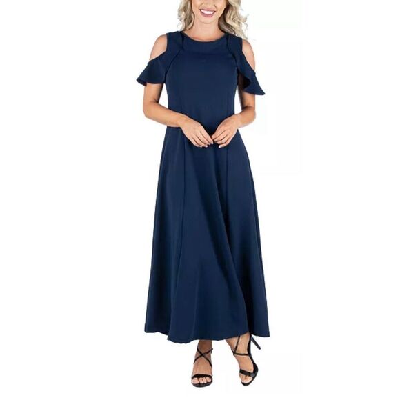24seven Comfort Apparel Ruffle Cold Shoulder Maxi Dress, Formal Dress, in Navy W - Picture 1 of 9